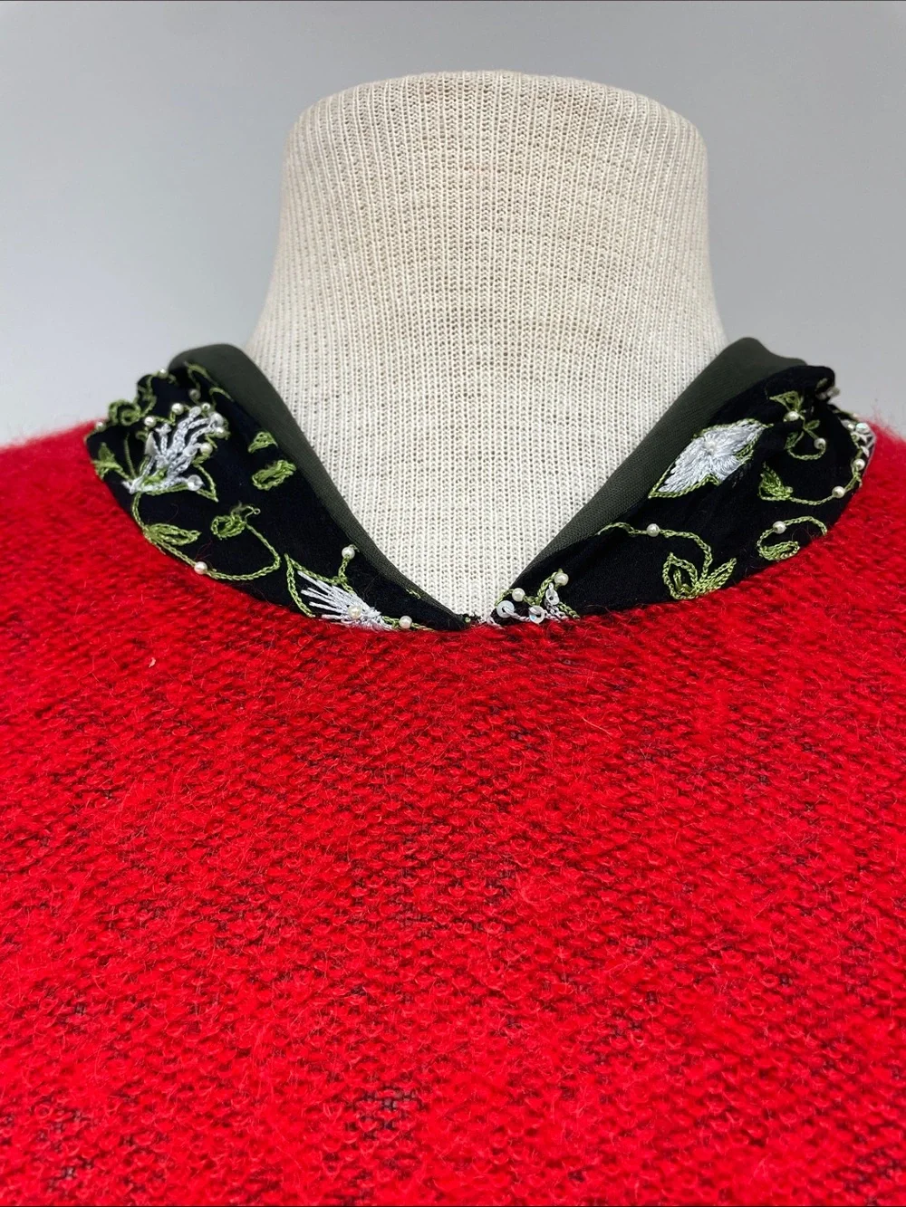 Custo Barcelona Red Fuzzy Knit Long Sleeve Top with Printed Sleeves, Size S